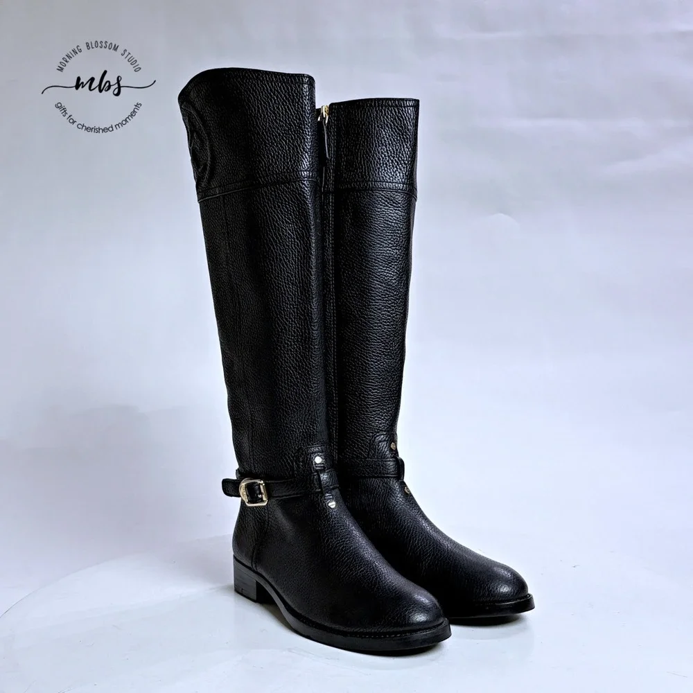 NWOT Tory Burch Thea Riding Boots Equestrian Leather Zip‎ Buckle Black Women 6.5